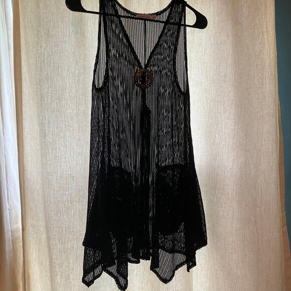 Black mesh open knit tank coverup dress swim beach, Y2K boho chic minimalist 90s - Picture 1 of 11